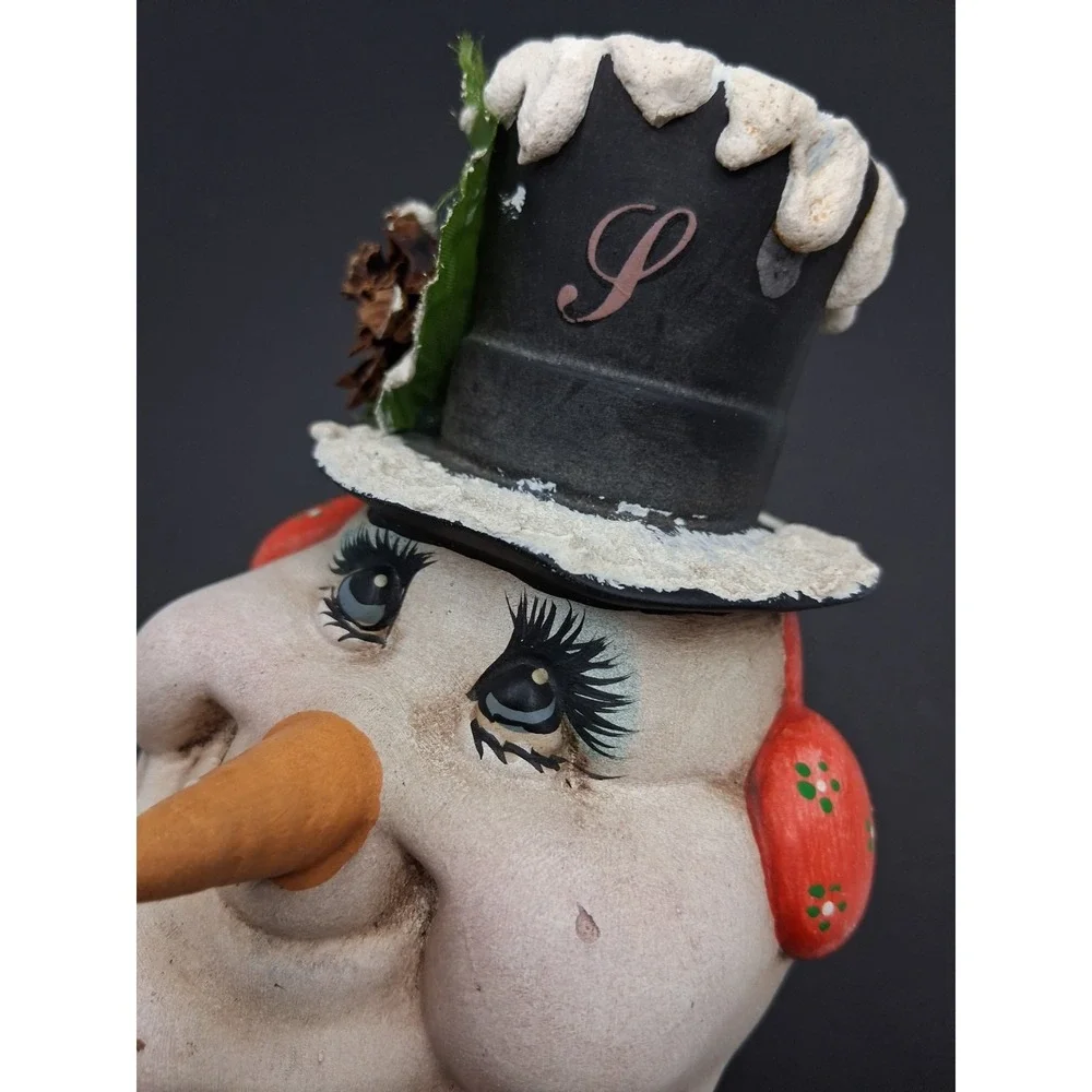 Vintage Snowman Glass Candy Jar Bank Christmas Decor Hand Painted